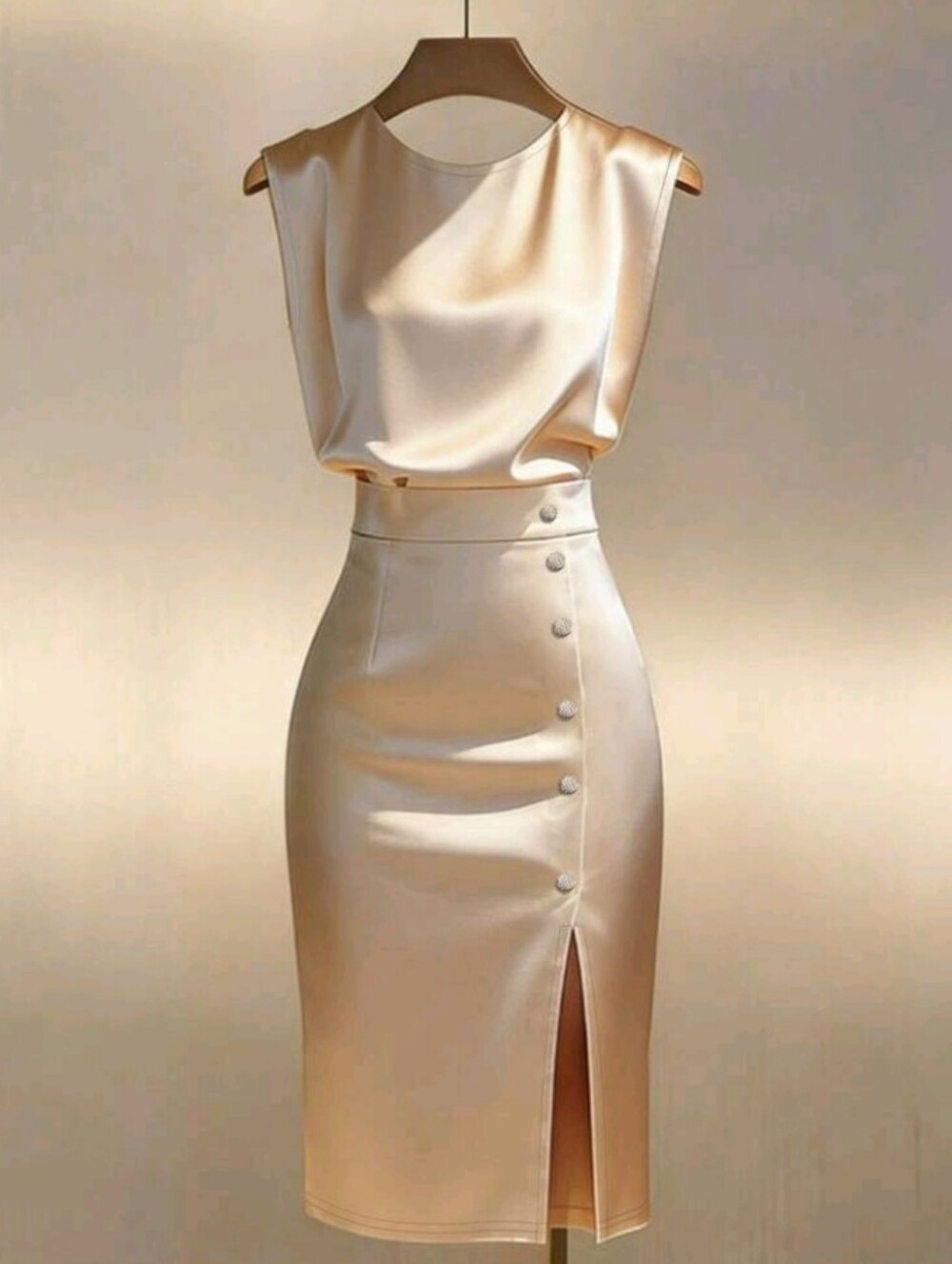 Satin Midi Dress in Champagne with Side Button Detail